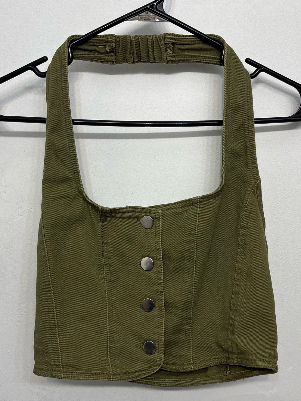 Blashe Olive Green Denim Button Up Front Halter Crop Tank Top Womens Size Small